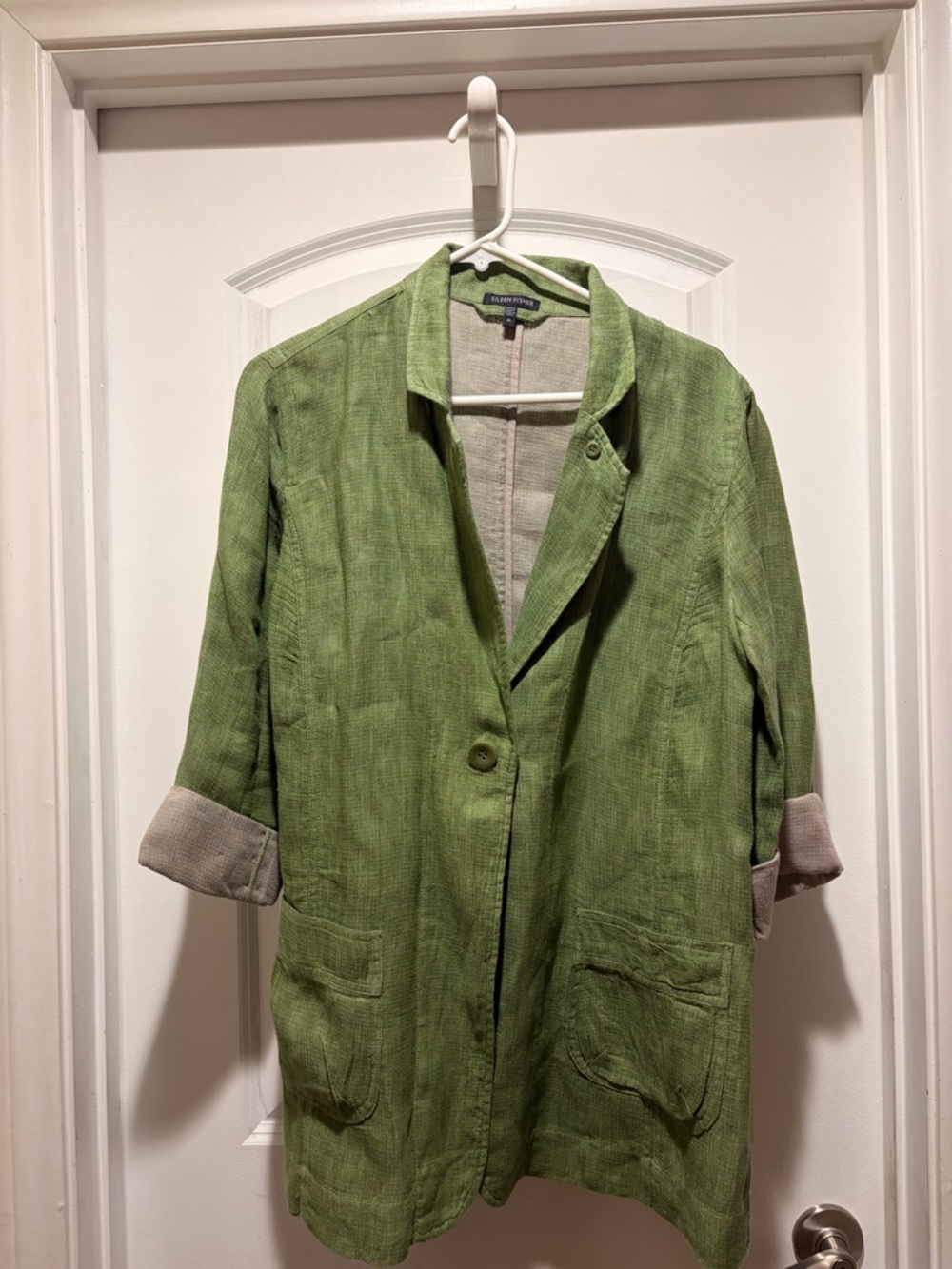 Eileen Fisher Sz M Simply Green 100% Linen Artsy One-Button Art-to-Wear